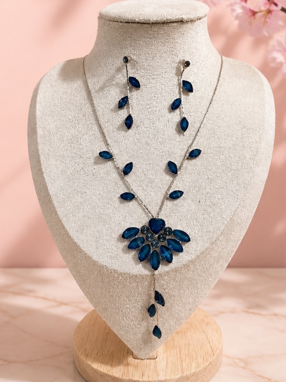 Blue Crystal Teardrop Necklace & Earrings Set